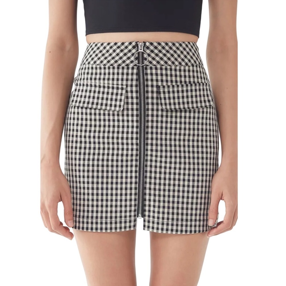 Urban Outfitters Marsha Gingham Zip-Front Mini Skirt Women M Black Cream
